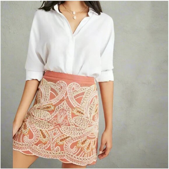 Anthropologie Boho Beaded Mini Skirt 4 Pink Cotton Embroidered Scallop Hem - Picture 6 of 11